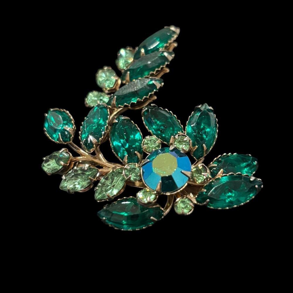 Emerald Green Floral Spray Brooch AB Rivoli Rhinestone Navette Vintage 1950s